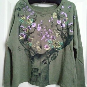 L.O.L. Vintage Deer Army Green Crop Sweatshirt XL